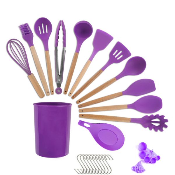 Stocked Silicone Kitchenware Cookware Sets With Wooden Handle Heat Resistant for OEM/ODM