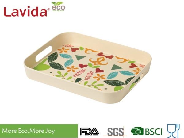 Latest Design BBQ Party Natural Plant Fibre printed big Tray set Bamboo fibre Tray Large size with carry size handles