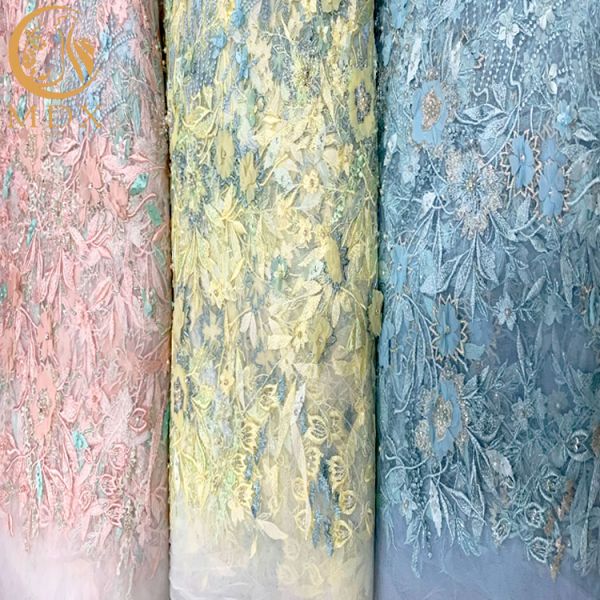 20% Polyester Blue 3D Flower Lace Fabric For Evening Gown