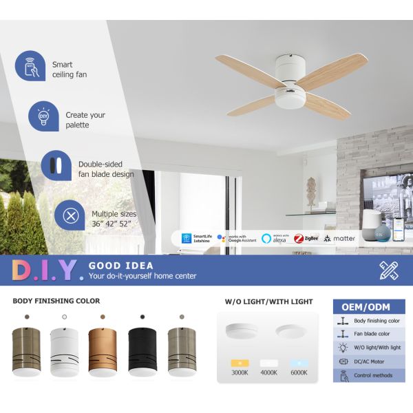 Smart Ceiling Fan with 6-Speed Settings Flush Mount and 10-Year Motor Warranty