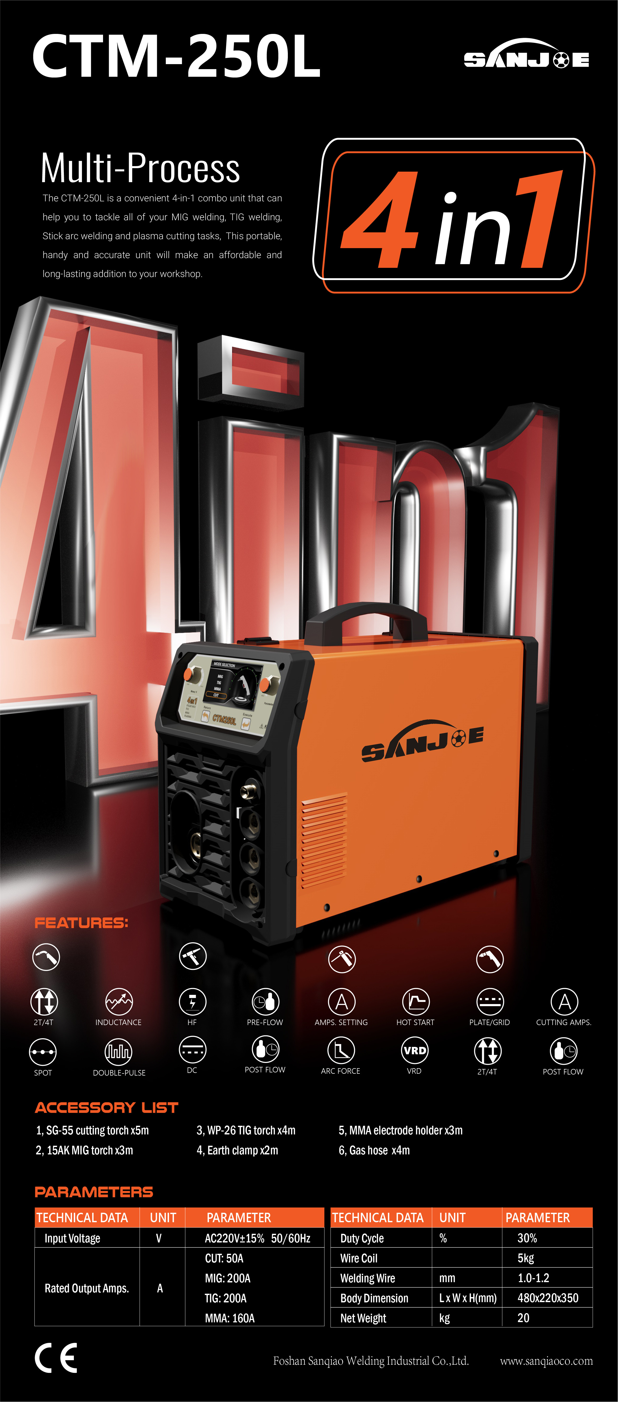 Multi Process MIG TIG MMA CUT Combo сварочный аппарат 4,3-дюймовый полноцветный дисплей CTM250L