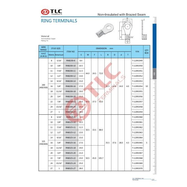 UL Non Insulated Tin Plated Wires 80-325mm2 Non Insulated Ring Terminals