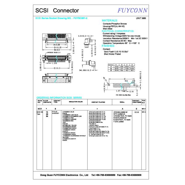 соединитель PCB прямоугольный 1.27mm MDR женского соединителя SCSI 50P