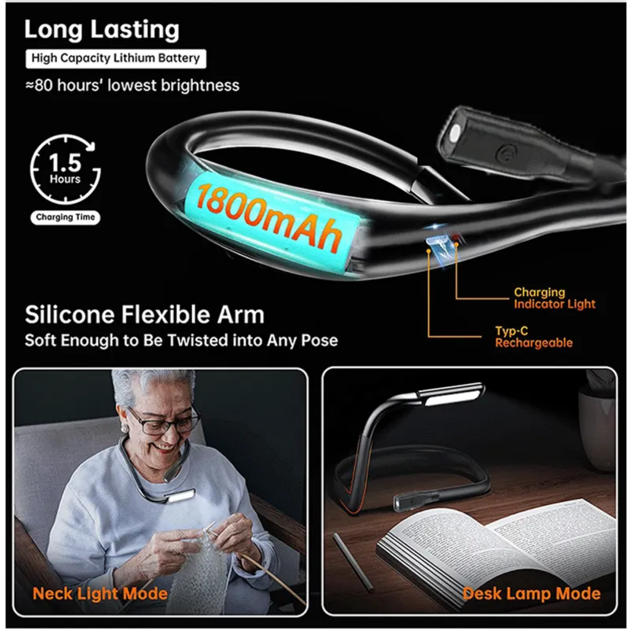 Factory Direct Sales Night Reading LED Lighting Desk Lamp USB Charging Three Color Folding Double Head Hanging Neck Reading Lamp