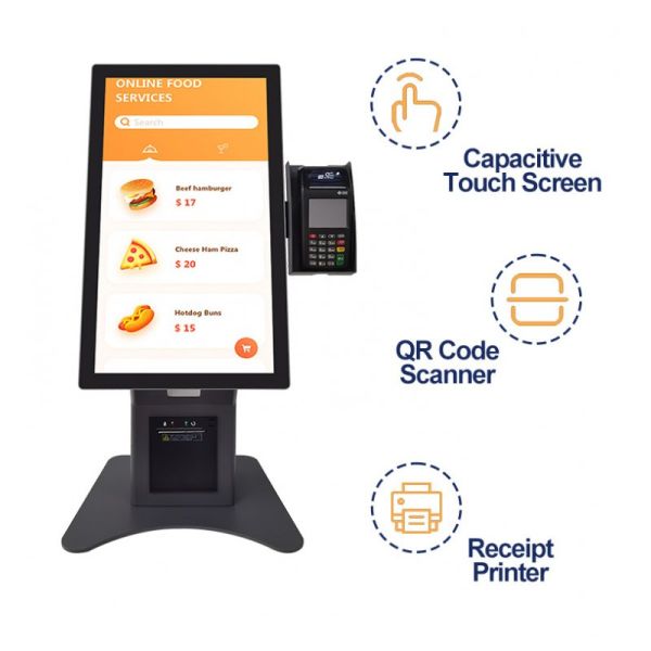 21.5 Inch Self Ordering Kiosk with Multi-language Support and Metal Case Toughened Glass Panel