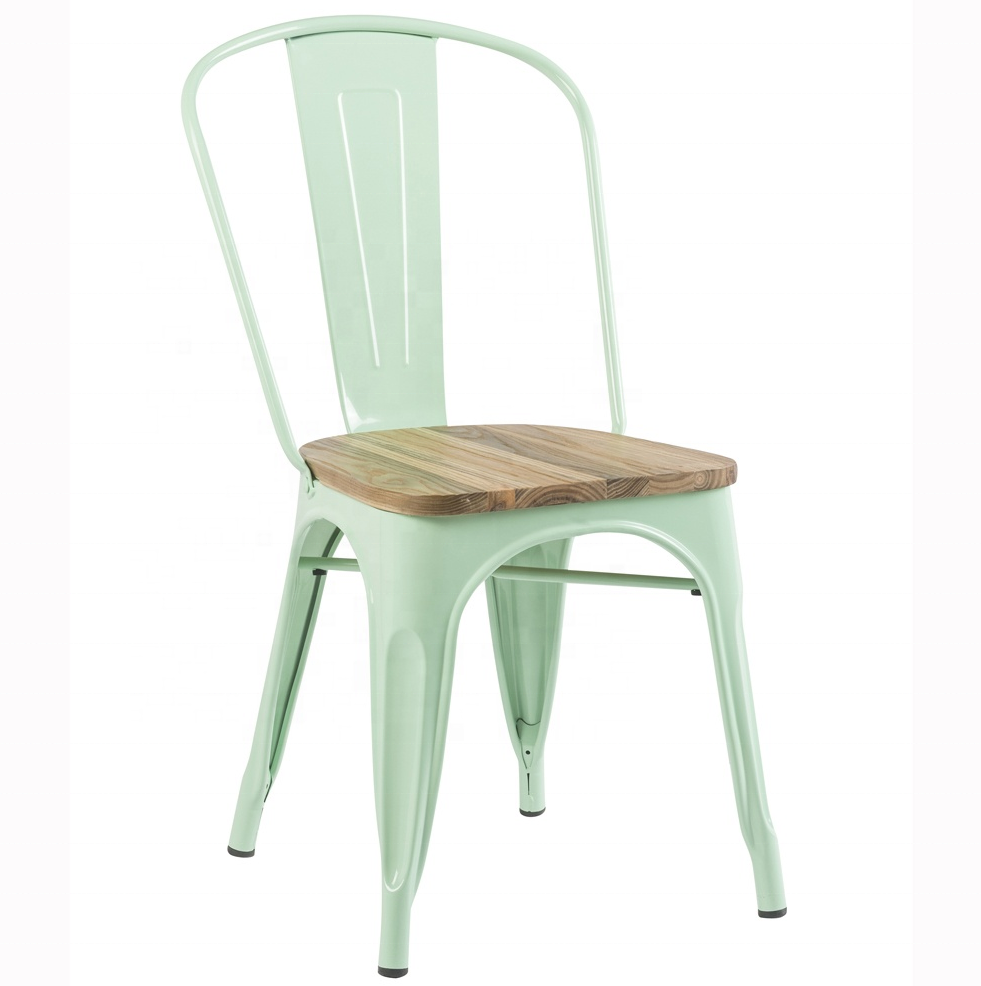 White Cafe Tolix Dining Chair Stackable Metal Restaurant Chairs With Wooden Seat