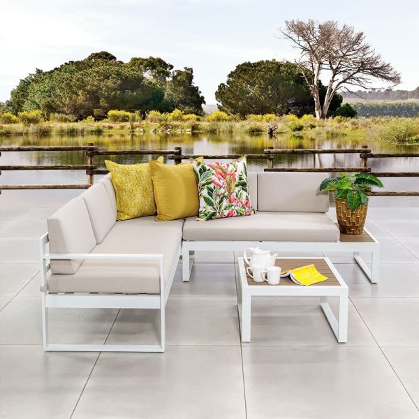 AJUNION L Shaped Outdoor Furniture Set Aluminum Lounge Set with Plastic Teak Finish