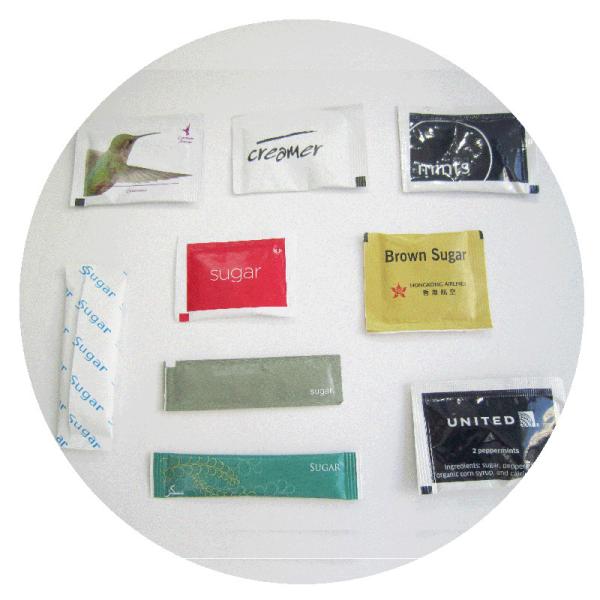 AIRLINE CONDIMENTS PACK, CONDIMENTS FOR AIRLIINE, SUGAR, SALT, PEPPER, CREAM, CANDY, TISSUE