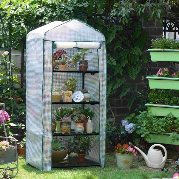 NATURE Pressure Treated Wood 4Tier Garden Greenhouse PE Cover Roll-Up Zipper Door Portable Waterproof Cloth Tent Grow Seeds