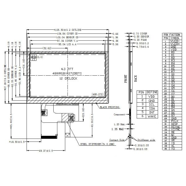 480x272 TFT LCD дисплей, 4,3 дюйма 40 PINS 420 CD/M2 24 битный RGB интерфейс