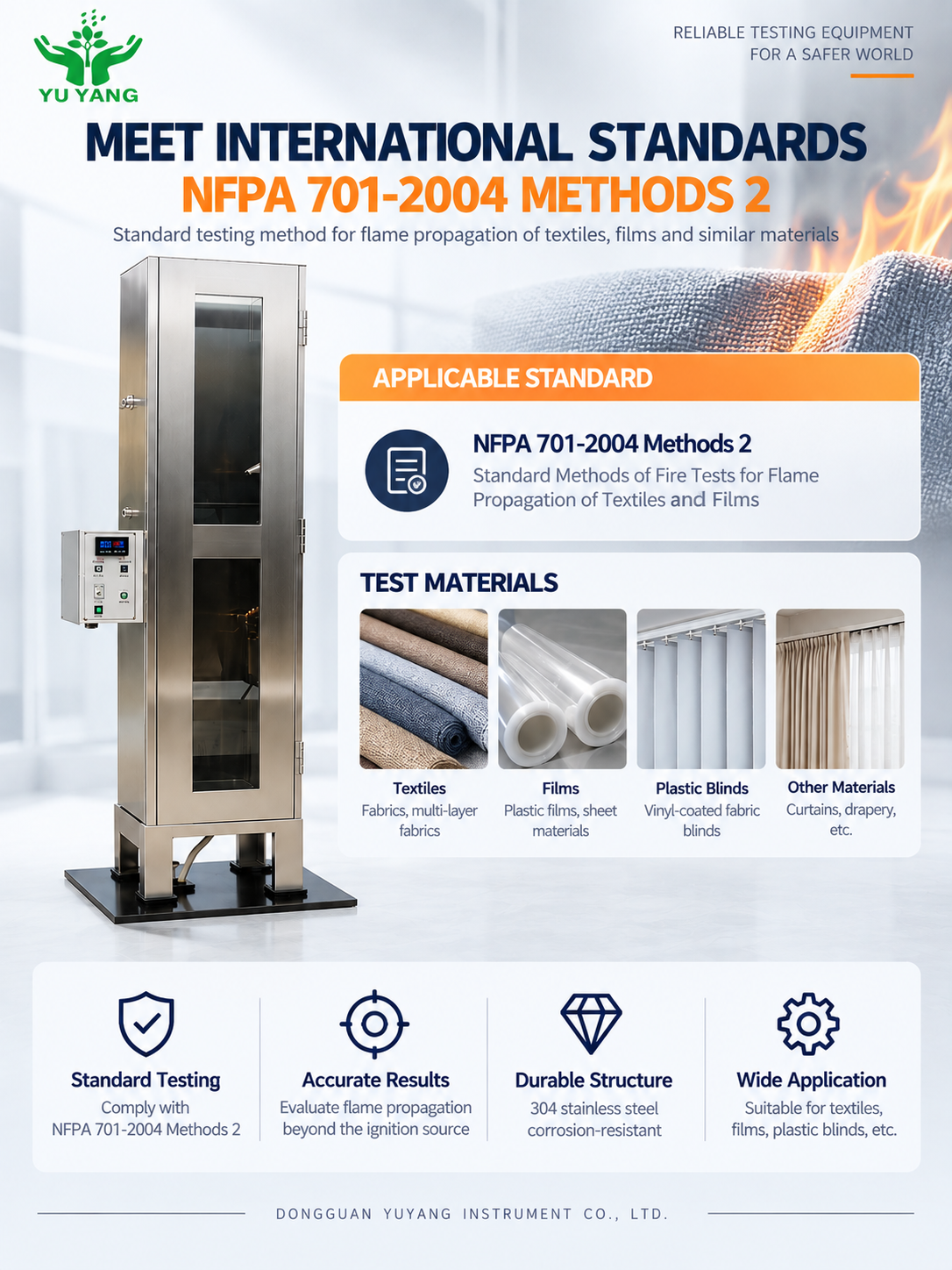 YYF012 Flame Propagation Tester for Vinyl-Coated Fabrics and Plastic Blinds with NFPA 701-2004 Method 2 Compliance