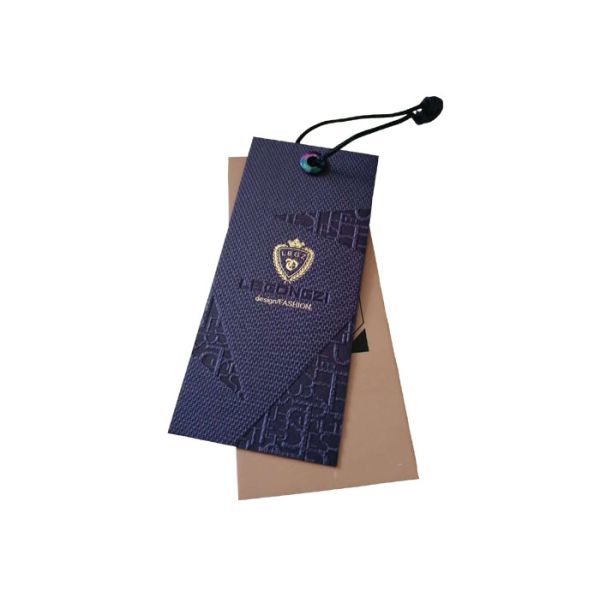 Изготовленные на заказ напечатанные ярлыки одежды завертывают сусальное золото в бумагу Hangtags УЛЬТРАФИОЛЕТОВОЕ покрывая штемпелюя логотип