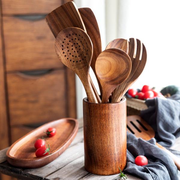 Acacia Teak Wooden Kitchen Utensil Set In Stock Kitchen Cooking Tool Custom Logo