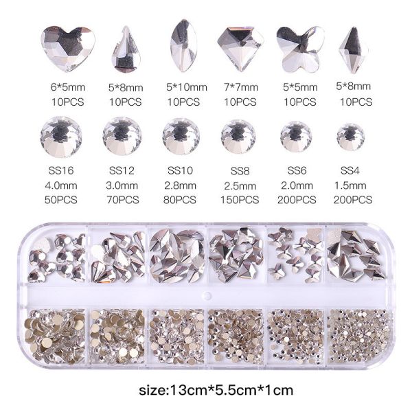 Nail SPA or Training 12 Grid AB Nail Stone Kit with Multi Shape Crystal Rhinestones