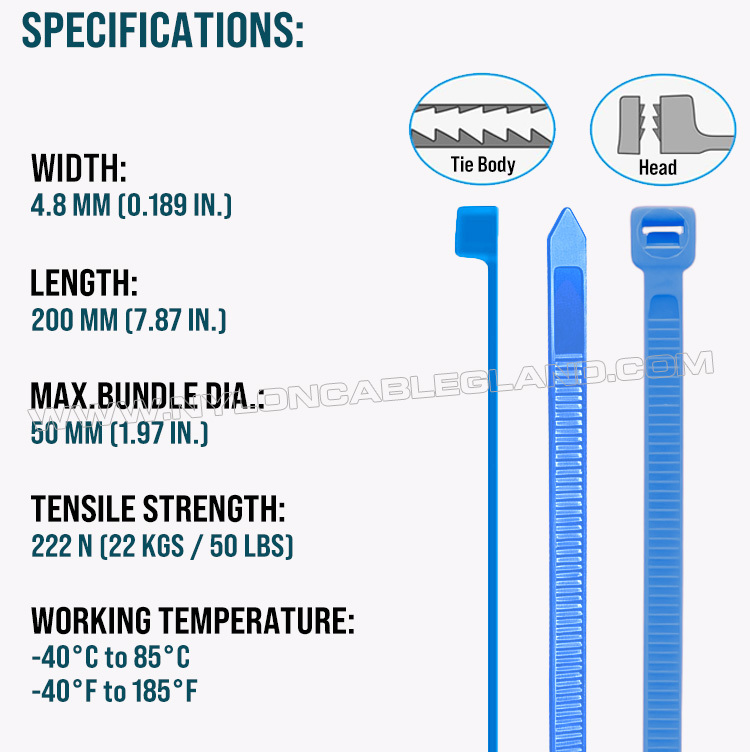 Specifications of colored cable zip ties / tie wraps / tie straps Colored Cable Tie 200mm x 4.8, 3~50mm Adjustable Nylon 66 Multicolor Zip Tie (222N / 50LBS) for Cable Visual Management