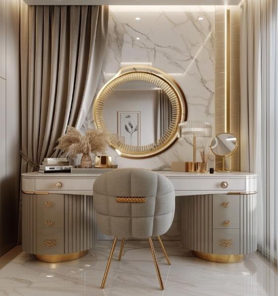 Modern Luxury Bedroom Furniture Functional Bedding Room Set With Gold Plated Top And Marble Leather Ceramic Dressers