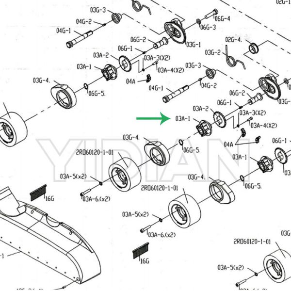 03A-1 C020333A Wheel Hub Assembly For MX48 Power Feeder Outer diameter: 65 mm, Inner bore: 20 mm, Height: 50.5 mm, Includes 2 pieces of 03A-7 bushing - Weight: 154.9g
