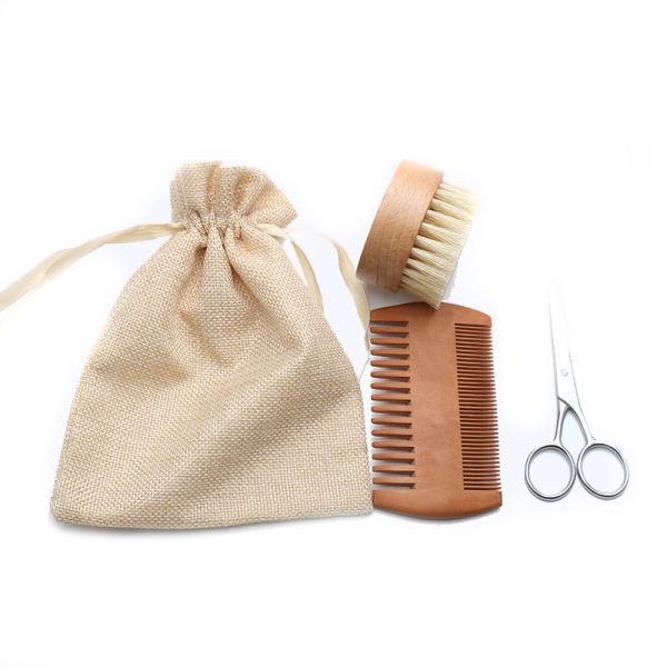 Natural Hard Boar Bristle Wood Beard Brush Set for Men's Hair Grooming Kit