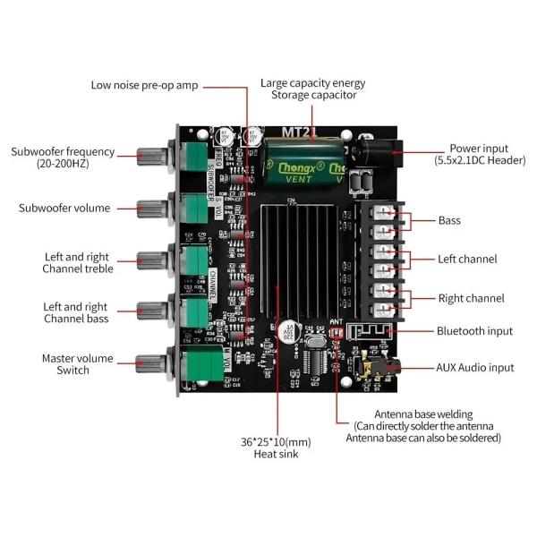 ZK-MT21 ハイファイデジタルパワーアンプボード 100W+2*50W 2.1チャンネルサブウーファー AUX 12/24V オーディオステレオ 5.0Amp ZK-MT21