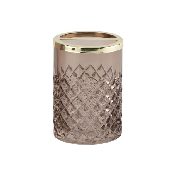 Round Shape Glass Bath Accessories Set Brown Color Golden Pump Head