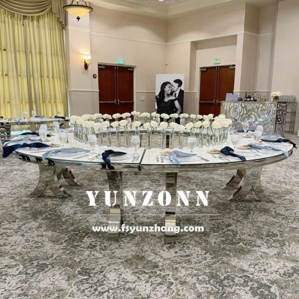 Modern Gold Cross X Legs Serpentine S-Shape Glass and Metal Wedding Dining Banquet Table for Outdoor Hotels Events Parties