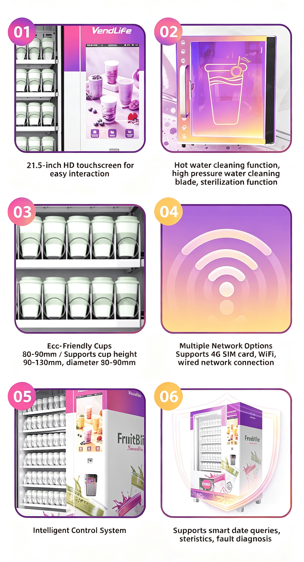 Commercial Fresh Smoothie Vending Machine with Refrigerated Storage, Automatic Cup Mixing System, Intelligent Elevator Pickup Platform, Remote Management for Operators and Distributors