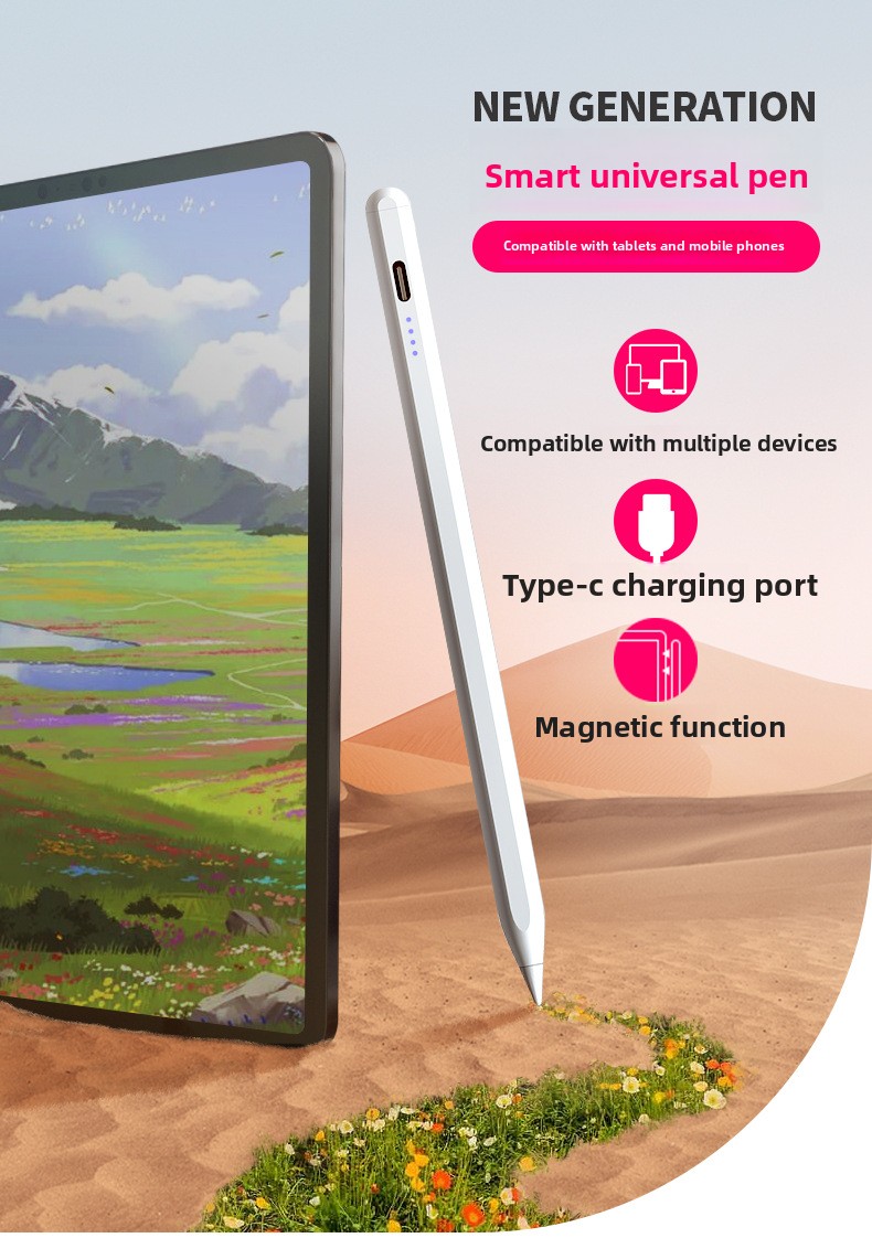 Active Metal Stylus Handwriting Compatible Capacitive Pen for iPad for & Android Devices Type-C Charging Adsorbable Design
