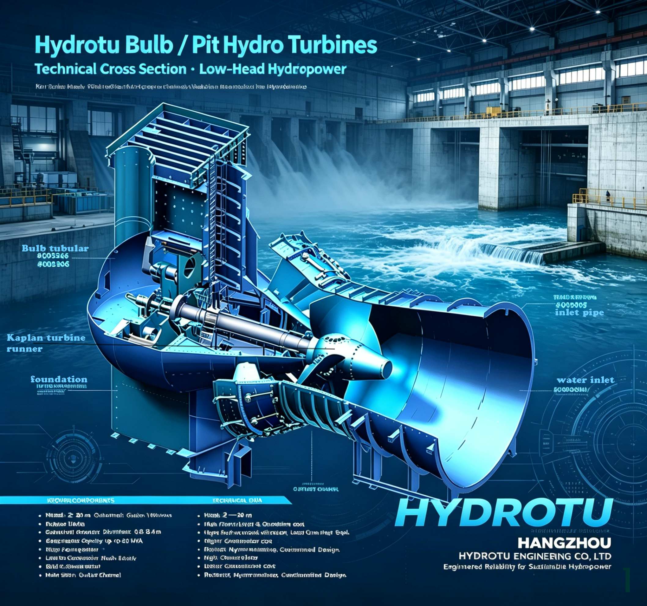 10MW-20MW Capacity Range Bulb Hydro Turbine for 2-30 Meters Water Head hydropower project