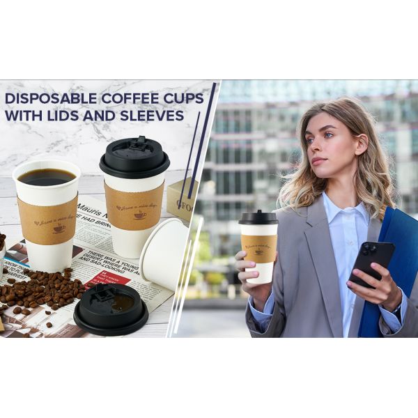 Paper Coffee Cups 16 Oz, Disposable Coffee Cups With Lids And Kraft Sleeves, White Coffee Cups For Hot & Cold Drinks