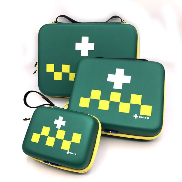 Medical Grade First Aid Kit Featuring EVA Hard Shell Case with Mesh Pocket Strap Lanyard and Metal Zipper Pull for Secure Storage