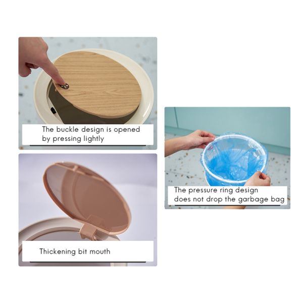 Wood Grain Round Household Desktop Mini Simple Large-capacity Wastepaper Basket Plastic High-footed Trash Can