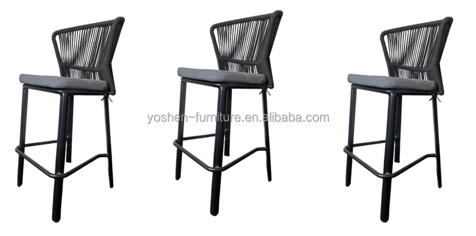 Outdoor Courtyard Rope-woven High-legged Bar Stool, with Backrest, Waterproof and Sun-resistant