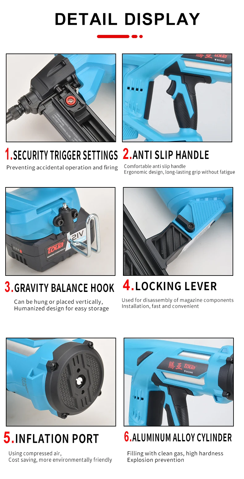 Strong Concrete Nail Gun Suitable for Concrete Steel TOUA DCCN40A Electric Rechargeable