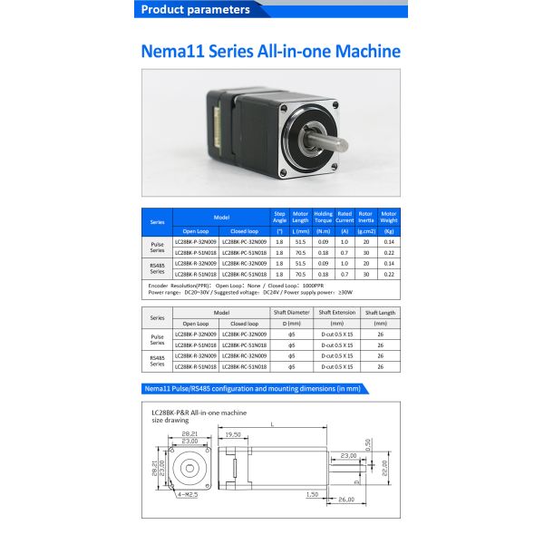 Lichuan Open Loop/Closed Loop Integrated Stepper Motors Driver Pulse/RS485 Control 0.18N.m 2Phase Nema11 DC20~30V 0.7/1.0A 1000PPR