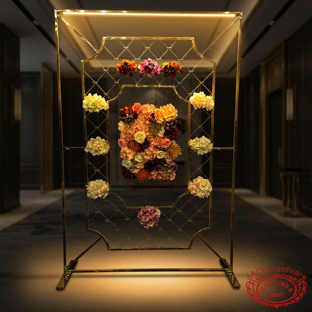 WENDING Gold Diamond Lattice Floral Backdrop Wall – LED Octagonal Frame Wedding Stage