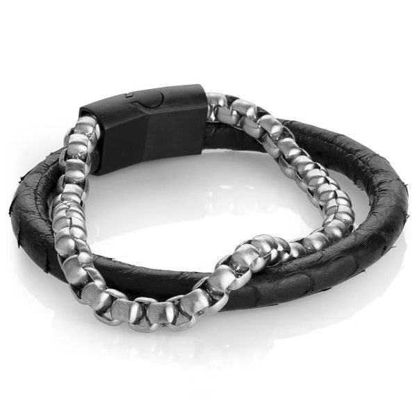 Fashion Classic Stainless Steel Bangle Fashion Black Men's Leather Bracelet