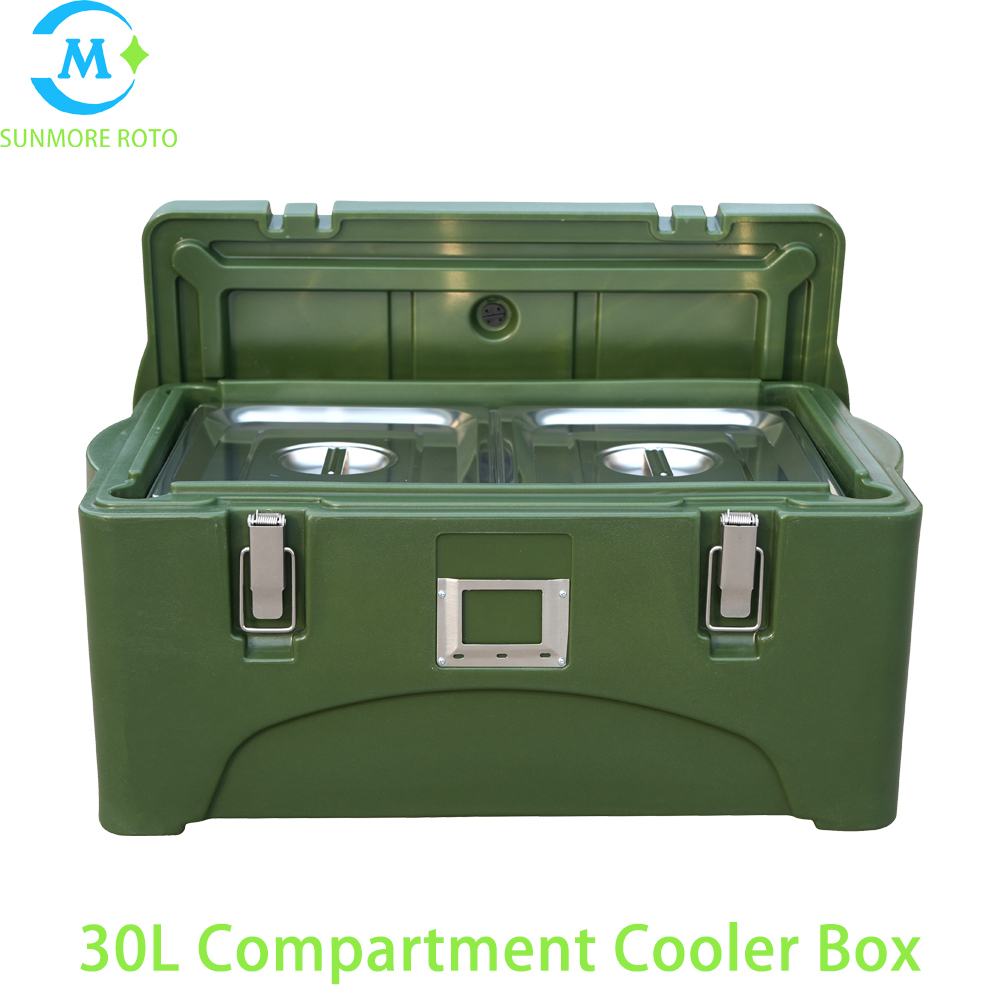 SUNMORE ROTO 30L Dark Green Rotomolded GN Pan Insulated Food Box, Custom 2 / 3 Compartment Portable Thermal Container For Catering Group Meal Delivery