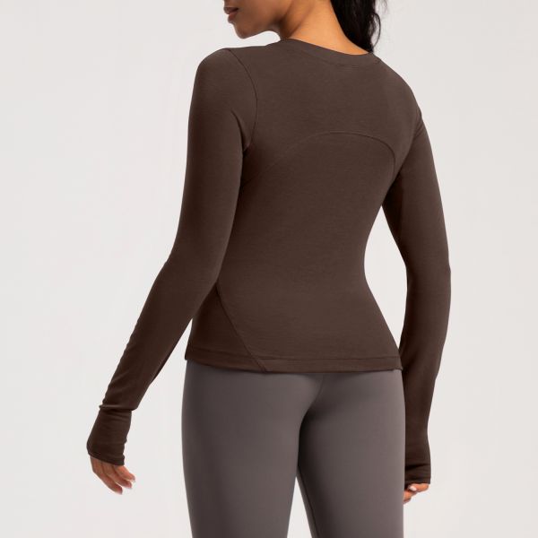 Long Sleeve Women Activewear Tops Slim Fit Olive Green Thumbhole Cuffs