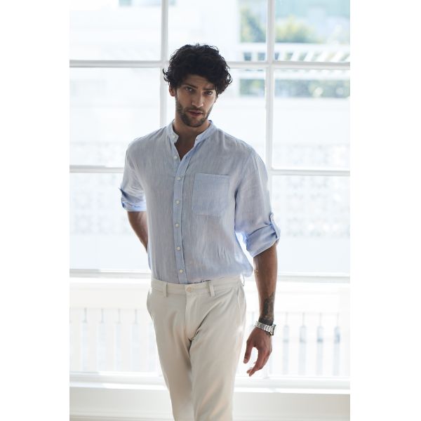 Multicolored Woven Custom Mens Casual Linen Shirts Banded Collar Standard Fit