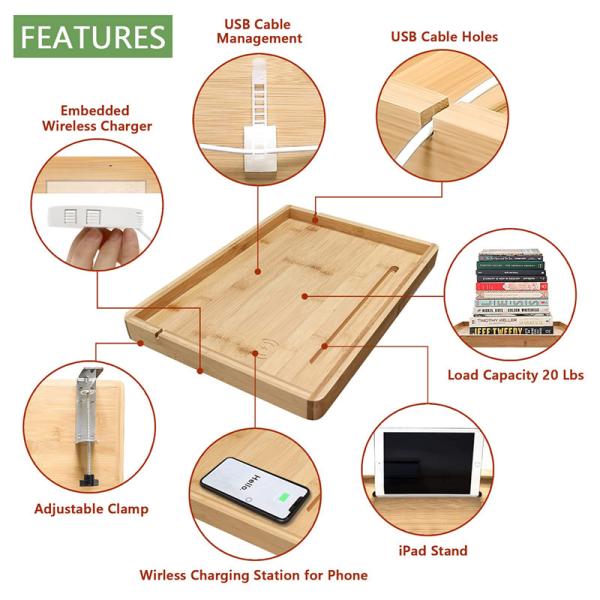 Prateleira de cama de bambu com porta-tablet para celular para outra organização de armazenamento em casa