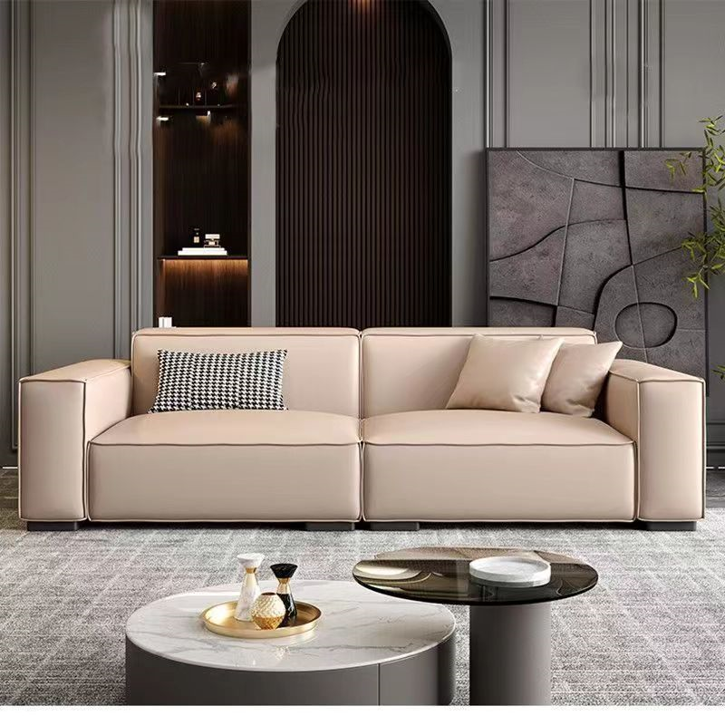 Leather Custom Sofa Bed Straight Row Minimalist Living Room Head Layer Cowhide Caramel Color