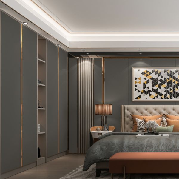 MJMHD CYLD-009 Modern Shaker Style Wardrobe Door | 22mm ENF Grade PVC Wrapped Panel w/ Aluminum Frame | Custom Size Grey & Gold Flat Panel Cabinet Door​