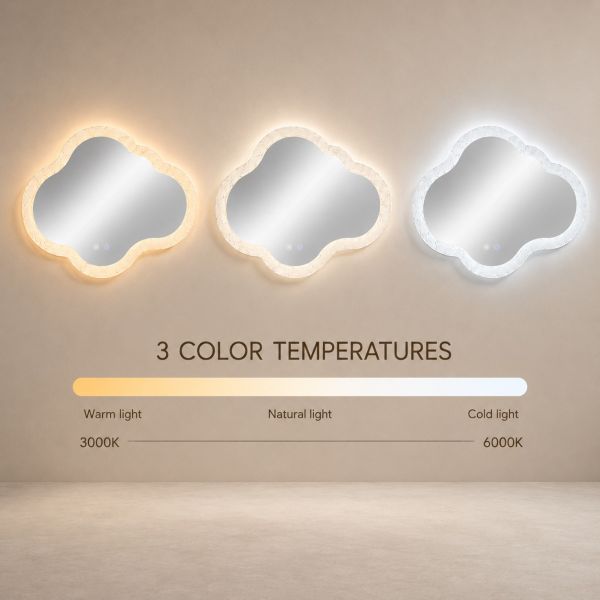 Kingstin Cloud Smart LED Bathroom Mirror, Dimmable 3-Color Light, Anti-Fog Touch Control, Acrylic Frame Aesthetic Vanity Mirror