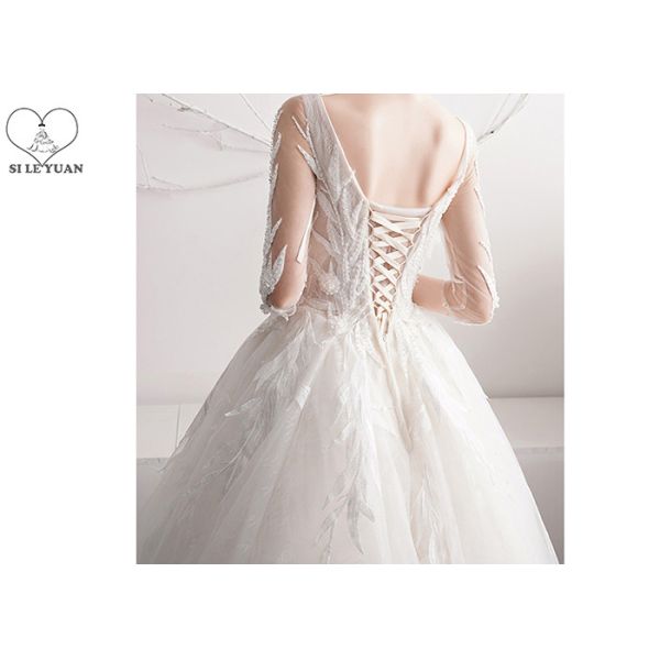 Half Sleeve Lace Ball Gown Wedding Dress Off White Beading V - Neck Back Bandage Floor Length Dress