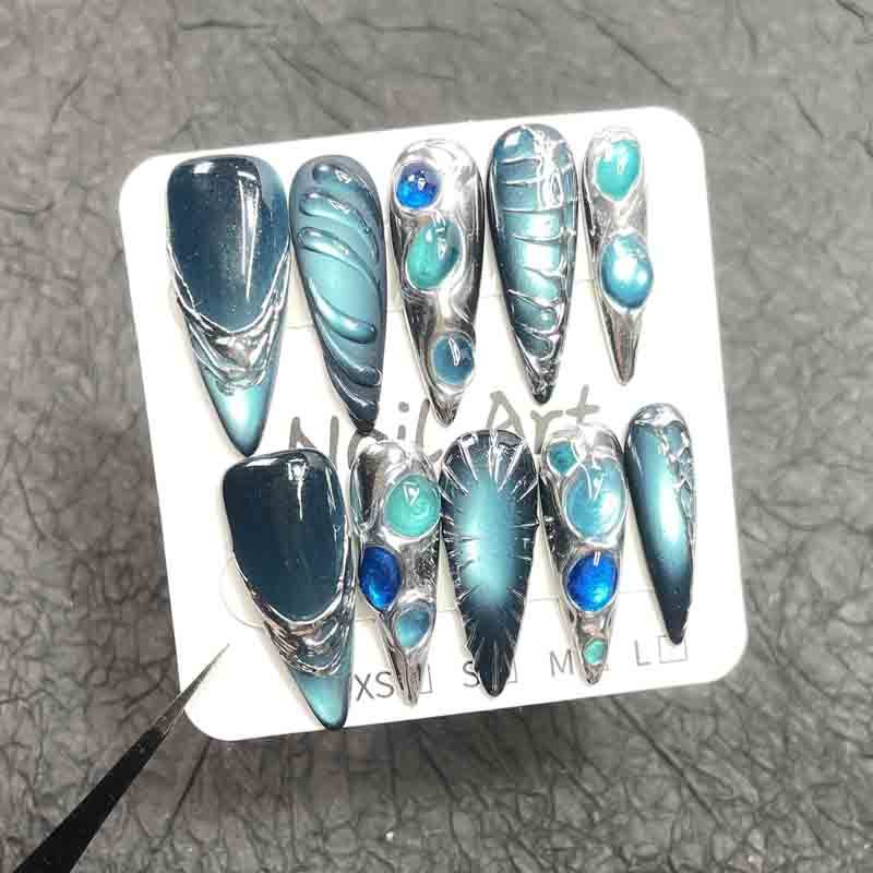 Reusable Cyber Nail Art Handmade Fake Nails Long Stiletto Teal Silver Design