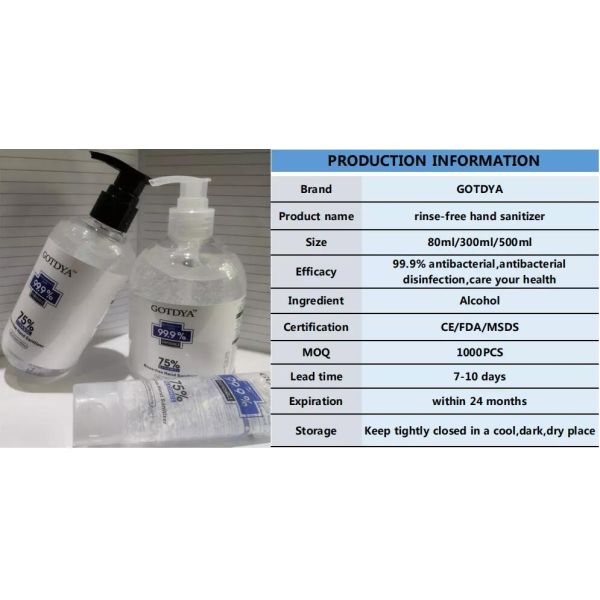 8000pcs in stock , GOTDYA  antibacterial 80ml 300ml 500ml gel 75% alcohol rinse-free hand sanitizer dispenser