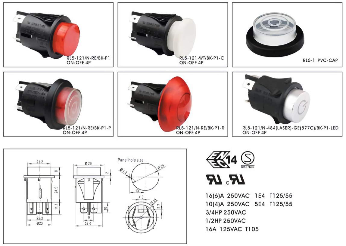 Flat Head Push Button Switches Black White Red Orange Green Long Life