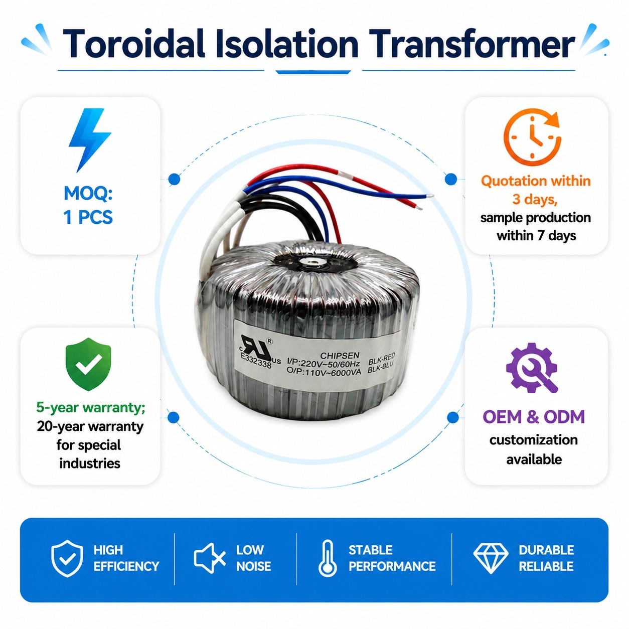 T180 Pure Copper 6KVA Toroidal Transformer Low Loss High Voltage Isolation