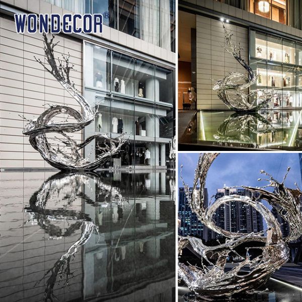 Масштабные скульптуры из нержавеющей стали с водяными брызгами на улицах