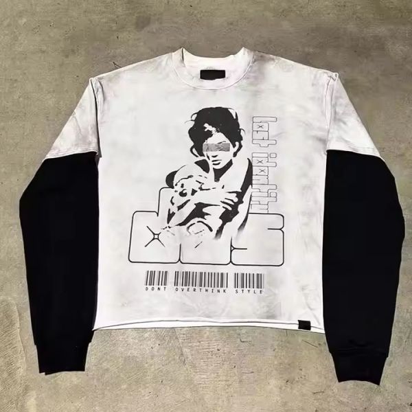 Cotton Ripped Screen Printing Long Sleeve Distressed Shirt Sun Faded Breathable